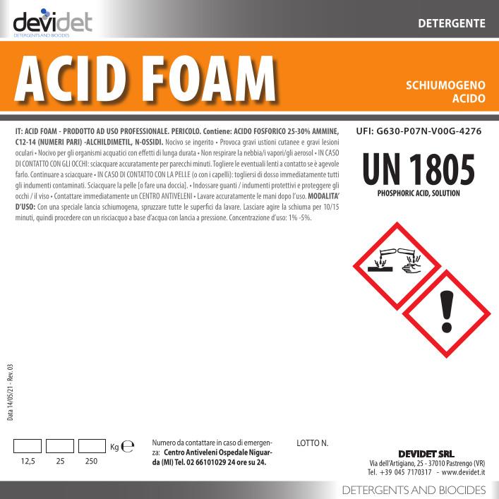 agroalimentare food and beverage pulizia impianti e superfici dettaglio etichetta detergente schiumogeno acido Acid Foam Devidet